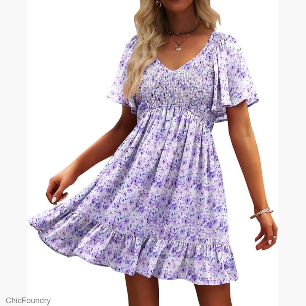 Floral Smocked V-Neck Flutter Sleeve Sundress With Pockets